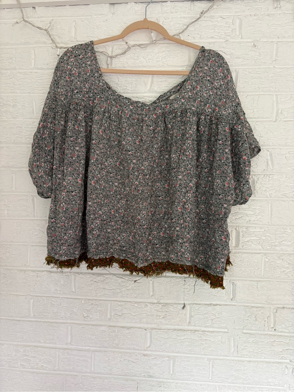 Boho Gray Floral Scoop-Neck Blouse with Fringe Hem